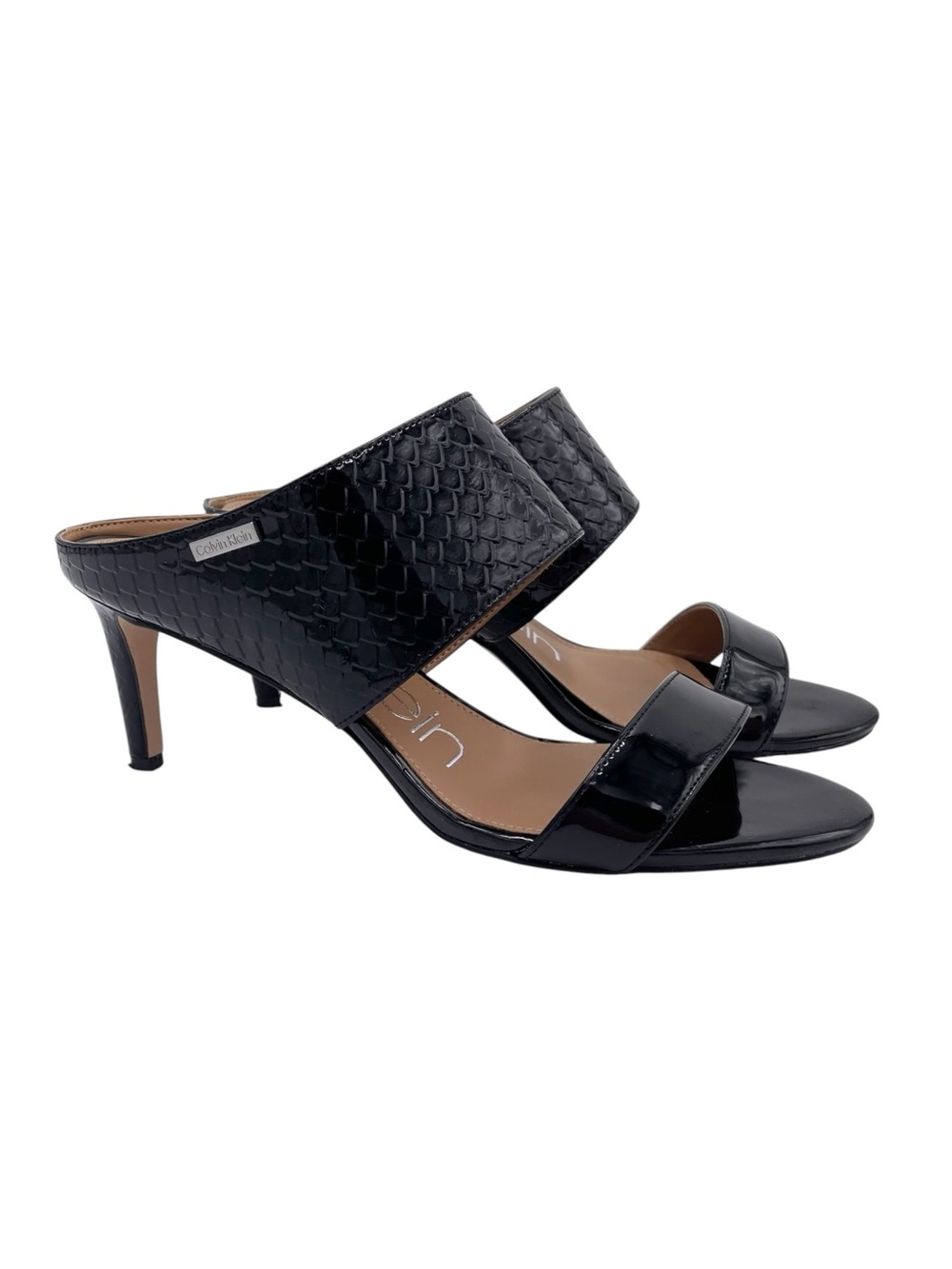 Calvin Klein Cecily Wide-Strap Heeled Sandals Size 8 Black Patent Leather Croc